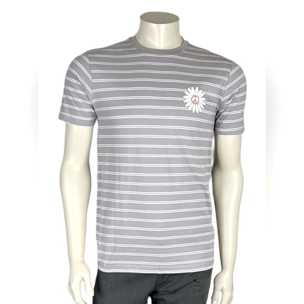 NWT Denim & Flower S/S Heather Gray/White Striped T-Shirt w/Daisy/Peace Sign S